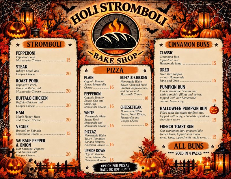 Holi Stromboli updated menu graphic listing strombolis, pizzas, and cinnamon buns including the new Halloween Pumpkin Bun and French Toast Bun